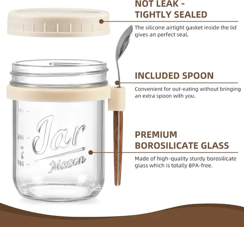 Miniatura 3 de LANDNEOO Paquete de 4 Recipientes para Avena Nocturna con Tapas y Cucharas, Frascos de Vidrio Mason de 16 oz con Tapas Herméticas, Frascos para Beige