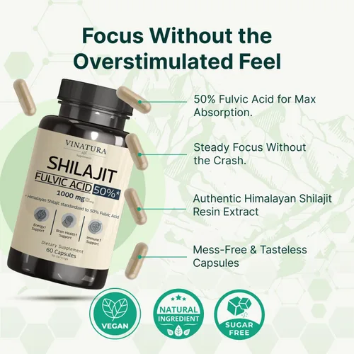 Miniatura 4 de VINATURA Shilajit para hombres y mujeres - 1000 mg cápsulas puras de Shilajit del Himalaya, estandarizadas al 50% de ácido fúlvico - 60 cápsulas