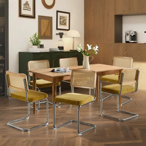 Miniatura 14 de Juego de 4 sillas de comedor de terciopelo tejidas a mano con respaldo de ratán y base cromada, silla de cocina de mediados de siglo, para comedor