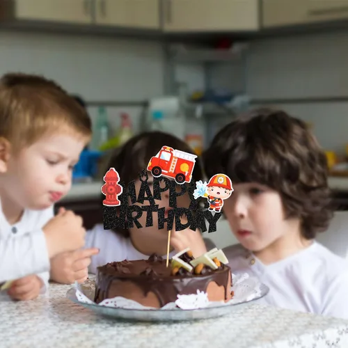 Miniatura 5 de Gyufise Decoración para pastel de cumpleaños con purpurina para bomberos, camión de bomberos, bomberos, pasteles, tema de baby shower, niños, fiesta