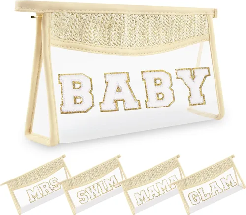 Miniatura 16 de Pequeñas bolsas de maquillaje transparentes de paja bohemia para mujeres y niñas, bolsa de cosméticos con cremallera de chenilla, bolsa de parche
