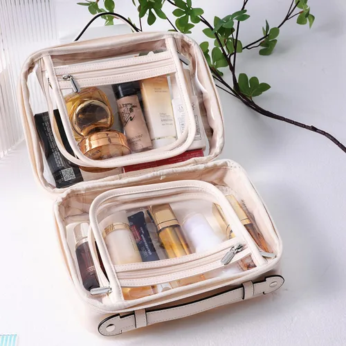 Miniatura 3 de SANHECUN Neceser de viaje Estuche grande transparente para cosméticos bolsa de maquillaje (beige, pequeño)