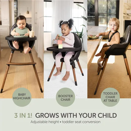 Miniatura 5 de Silla alta convertible para bebés, niños pequeños, niños y niñas - Silla alta de madera con altura ajustable y bandeja apta para lavavajillas - Negro