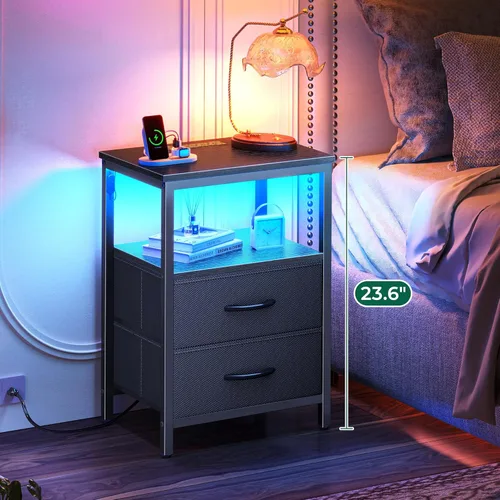 Miniatura 4 de Huuger - Mesita de noche con estación de carga y luces LED, mesita de noche con 2 cajones, mesa auxiliar de cama con estante abierto, mesa auxiliar