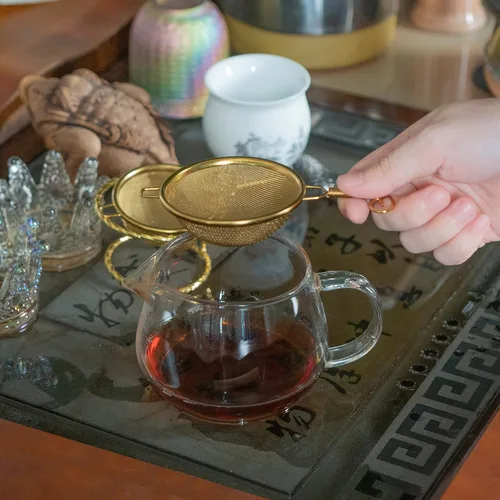 Miniatura 3 de 2 coladores de té, (colador de té pequeño, colador grande) con un soporte, colador de malla fina de acero inoxidable (dorado)