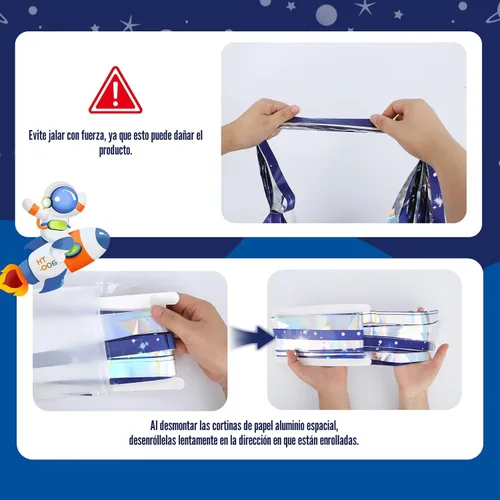 Miniatura 3 de 3 piezas de cortinas de papel de aluminio con temática de galaxia para decoraciones de fiesta espacial, 3.3 x 6.6 pies, cortinas de oropel azul