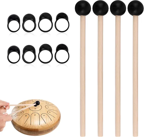 4 mazos de tambor de lengua de acero con mango de madera, mazos de xilófono con 8 cunas de dedo, palillos de percusión de goma para timbales