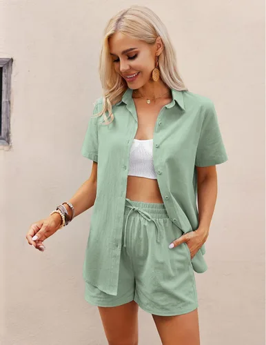 Miniatura 2 de Zeagoo Conjunto de 2 piezas de lino para mujer, conjunto de verano con botones, casual, para descansar y playa