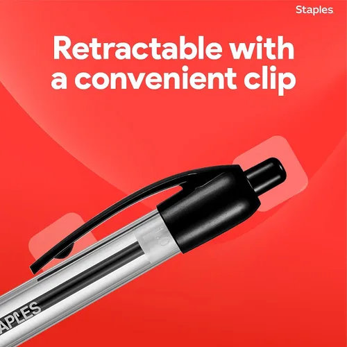 Miniatura 6 de STAPLES Bolígrafos retráctiles de punta media de 1.0 mm, tinta negra, paquete de 12 – Bolígrafos cómodos y de escritura suave para uso diario