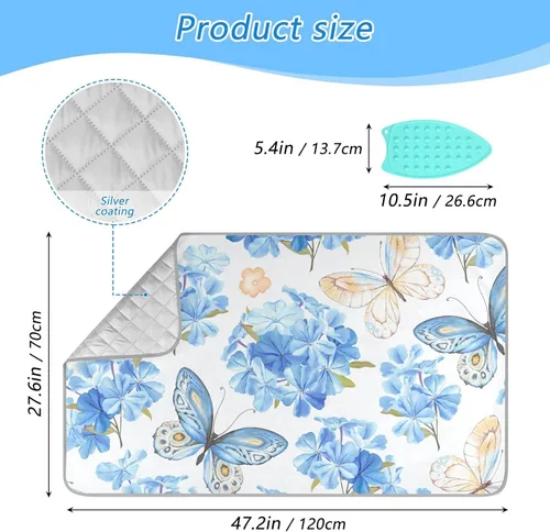 Miniatura 2 de Tapete de planchado de mariposa floral azul, manta portátil con soporte de silicona para planchar para mesa de viaje, resistente al calor, doble