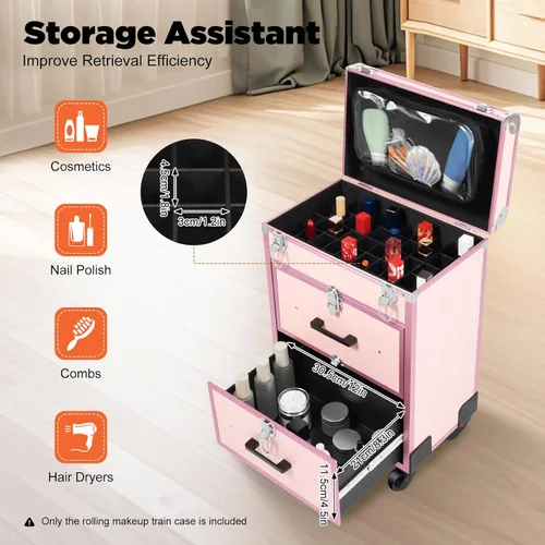 Miniatura 3 de YIYIBYUS Estuche de maquillaje rodante, 3 capas de carritos cosméticos profesionales grandes con cerraduras, estuche de viaje de maquillaje con Rosa