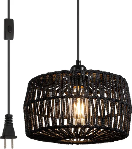 Miniatura 10 de Paquete de 2 lámparas colgantes tejidas con enchufe negro, 9.65 pulgadas, lámpara colgante rústica de granja con cable de enchufe e interruptor
