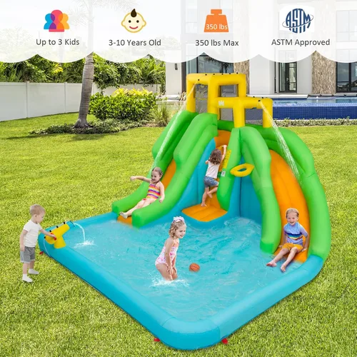 Miniatura 8 de HONEY JOY - Tobogán acuático inflable, parque acuático inflable 6 en 1 con muro para escalar y 2 toboganes largos, piscina, castillo inflable