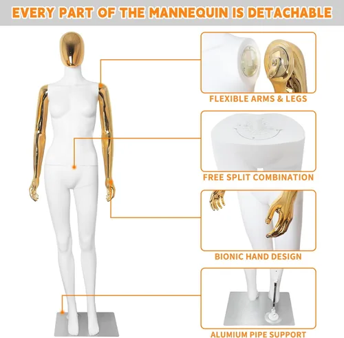 Miniatura 4 de Maniquí femenino de cuerpo completo, cuerpo blanco, cabeza dorada, manecillas doradas, maniquí de costura de 70 pulgadas, maniquí articulable