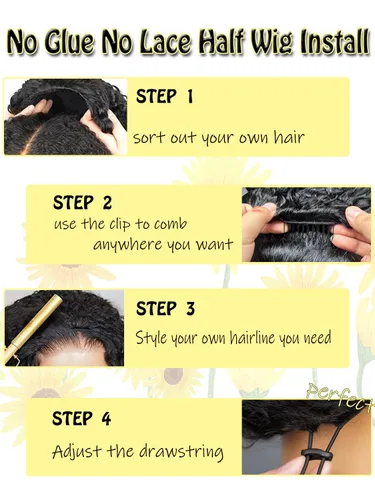 Miniatura 4 de Peluca de cabello humano rizado de 16 pulgadas para mujeres negras 3 en 1, sin costuras, con volteo por la mitad, sin pegamento, densidad 220