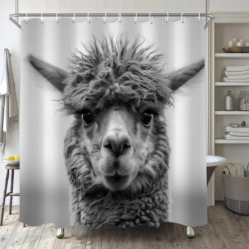 Cortina de ducha de alpaca para baño, juego de cortina de ducha bohemia en blanco y negro, tela animal, decoración de baño moderna impermeable con
