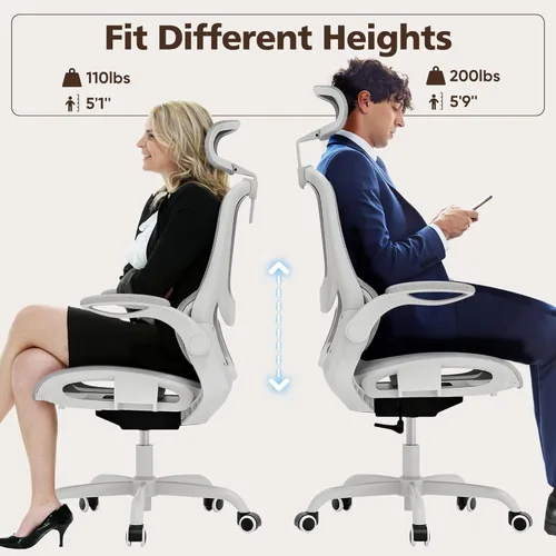 Miniatura 9 de GABRYLLY Silla de oficina ergonómica de malla - silla de escritorio blanca, reposabrazos abatible, reposacabezas ajustable, inclinable con asiento