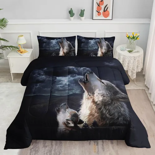 Datura home - Juego de edredón para niños con lobo de tormenta para niños y niñas, edredón de lobo acuarela con nubes oscuras y animales salvajes