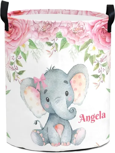 Miniatura 7 de Cestas de lavandería personalizadas de elefante floral rosa con nombre, cesta de almacenamiento de ropa plegable con asa para baño, dormitorio