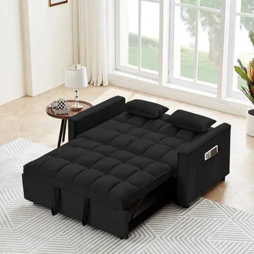 Miniatura 3 de Sofá cama convertible de terciopelo de 55 pulgadas, sofá futón 3 en 1 con cama extraíble, sofá biplaza moderno con respaldo ajustable, 2 almohadas