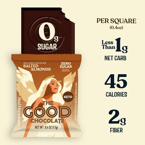 Miniatura 6 de The Good Chocolate - Almendras saladas Keto Chocolate Squares, cero azúcar, aperitivo bajo en carbohidratos netos, calorías más bajas, caramelo