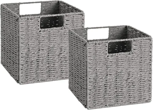 Miniatura 23 de VAGUSICC - Canastas de almacenamiento tejidas a mano, juego de 2, con asas, plegables, tipo cubo, de 13 pulgadas, grandes, de mimbre, para estantes