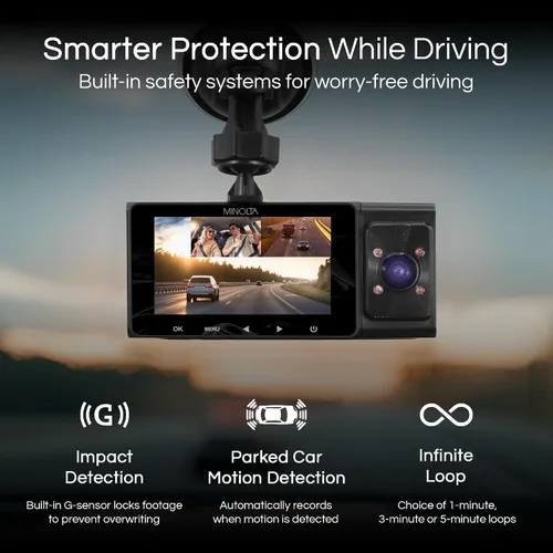 Miniatura 3 de Cámara de salpicadero Minolta – DVR de coche de 3 canales 1080P con cámara trasera e interior, visión nocturna, pantalla LCD de 3.0”, sensor G