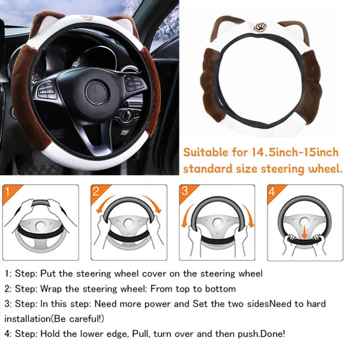 Miniatura 5 de Bittwee Funda para volante de automóvil, felpa suave y esponjosa para invierno cálido, bonito protector de volante con orejas de gatito, universal