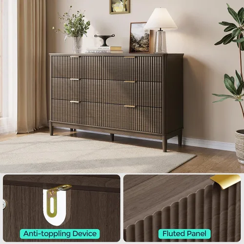Miniatura 4 de LINSY Cómoda acanalada para dormitorio con 6 cajones, cómoda moderna de mediados de siglo con manijas de metal dorado, cómodas anchas de madera