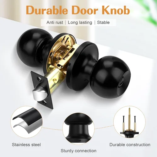Miniatura 4 de Probrico Cerraduras de puerta de privacidad estilo bola redonda, pomos de puerta interiores negro mate para dormitorio y baño, pomos de puerta sin