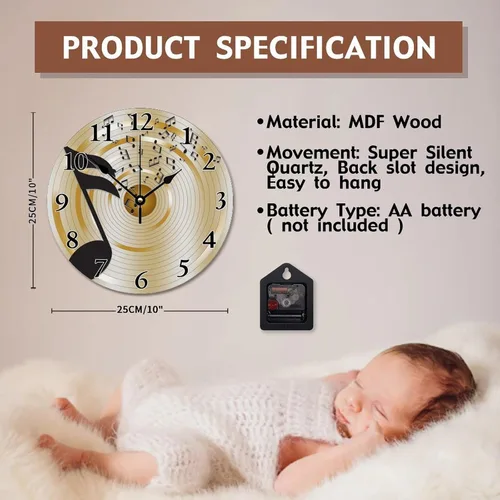 Miniatura 7 de ArogGeld Reloj de pared con notas musicales, reloj de pared redondo silencioso de madera, funciona con pilas, reloj colgante decorativo para Clave