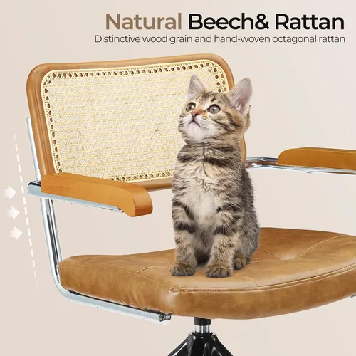 Miniatura 3 de Zouron Silla de escritorio de ratán sin ruedas, sillón tapizado de piel sintética, silla de oficina giratoria con respaldo de caña natural y patas