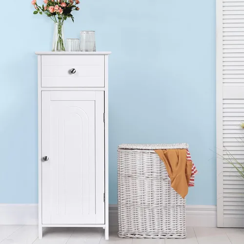 Miniatura 5 de GOFLAME Armario de almacenamiento de baño, armario de almacenamiento de madera independiente con cajón grande, 2 estantes flotantes con 7 Blanco