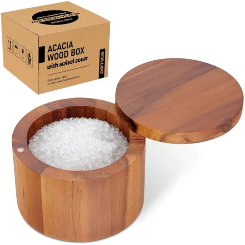 Demigo Salero de Acacia con Capacidad de 9 Onzas, Caja de Sal de Madera con Tapa Giratoria, Conservador de Especias, Frasco de Madera para Cocina,