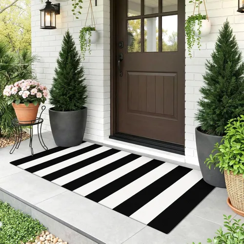 Miniatura 42 de KOZYFLY Alfombra a rayas blancas y negras de 2 x 3 pies, tejido de algodón, lavable, para interiores y exteriores, alfombra pequeña para puerta