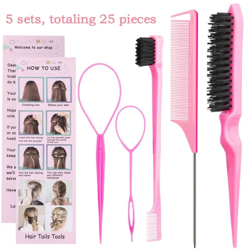 Miniatura 2 de El juego de 25 peines para peinar el cabello incluye 10 herramientas Topsy para cola de cabello, 5 peines de cola de rata, 5 cepillos de pelo