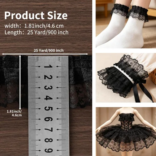 Miniatura 2 de Cinta de encaje, cinta de volantes, cinta de encaje negro de 6 yardas, adornos de cordones negros de 1.8 pulgadas de ancho, cintas delicadas