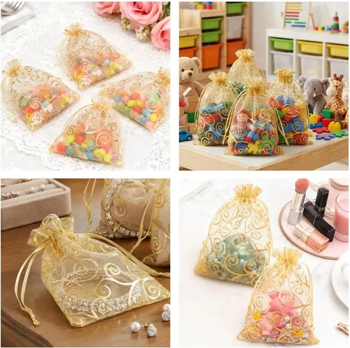 Miniatura 7 de Bolsas de organza doradas, 100 bolsas de organza transparente, bolsa de malla dorada con cordón de 3 x 4 pulgadas, bolsas de regalo impresas
