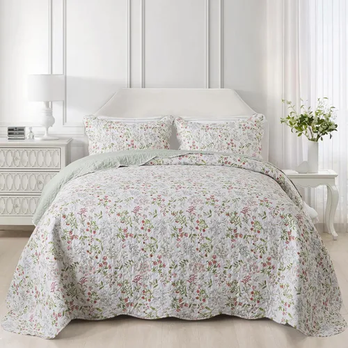 Miniatura 28 de NEWLAKE - Juego de cubrecama reversible de microfibra bordada con patrón floral en relieve en jacquard beige, tamaño queen