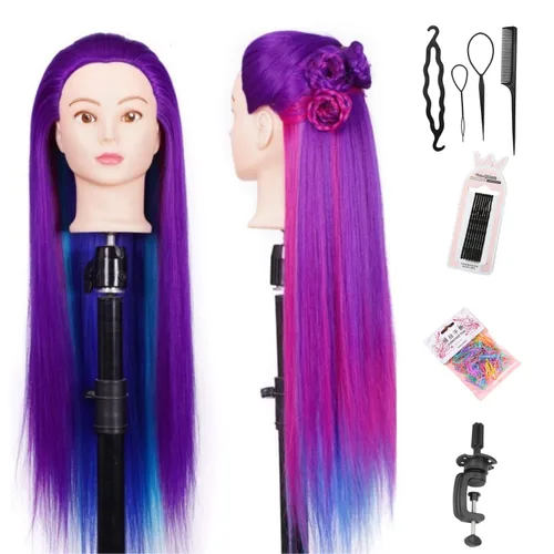 Cabezal de entrenamiento de 26 a 28 pulgadas, cabeza de maniquí para peinado, cosmetología, cabeza de muñeca, fibra sintética, modelo de Púrpura