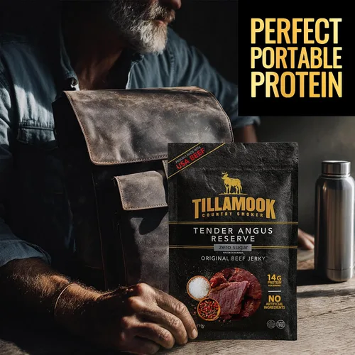 Miniatura 5 de Tillamook Country Smoker Tender Angus Reserve Original Beef Jerky, bolsa de 6 oz, Carne de res Angus de EE. UU. ahumada lentamente con madera real
