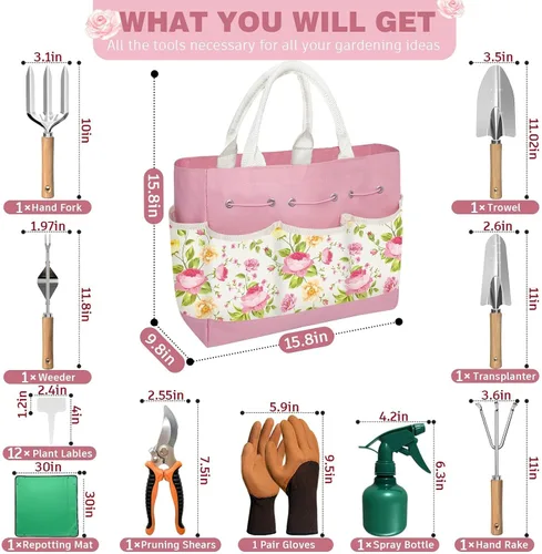 Miniatura 2 de Juego de 22 piezas de herramientas de jardín para mujeres, kit de herramientas manual resistente que incluye bolsa práctica/pala/alfombrilla