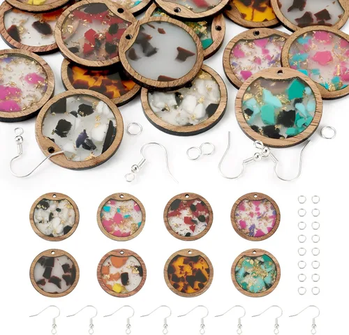 Miniatura 23 de Beadthoven - Dijes de madera de resina para bricolaje, colgantes de aretes de lágrima multicolor, triángulo, círculo redondo, rombo, barra