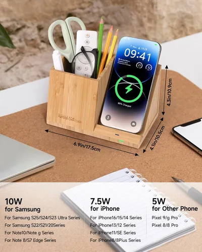Miniatura 2 de Portaplumas de bambú para escritorio y organizador de mesita de noche con carga inalámbrica rápida para iPhone, Samsung y más – Accesorios