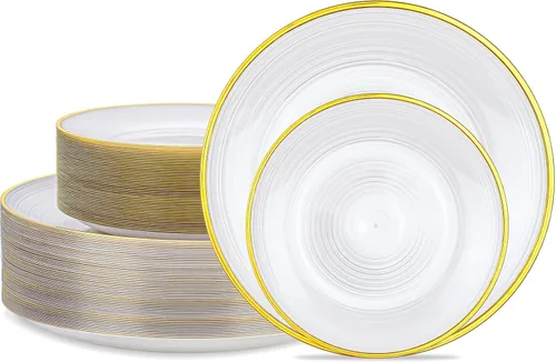 Miniatura 14 de Morejoy 100 platos de plástico, desechables, platos de postre de oro blanco y rosa de 7.5 pulgadas para bodas, fiestas y duchas rosa y oro