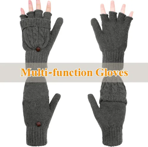 Miniatura 27 de Beurlike Guantes de invierno para mujer, de lana cálida, a prueba de viento, convertibles, sin dedos