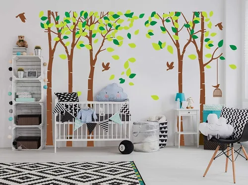 Miniatura 6 de luckkyy Calcomanía para pared, Gran Familia de cinco Árboles con pájaros y jaulas, para habitación familiar, arte decoración.