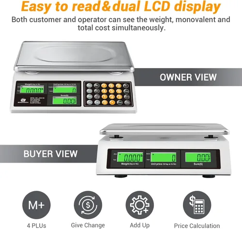 Miniatura 4 de Báscula de cálculo de precios, báscula digital de 66 libras para alimentos comerciales y productos de carne con retroiluminación verde LCD