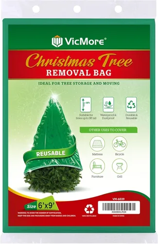 VicMore Bolsa de eliminación y extracción de árbol de Navidad (9 x 6 pies), cubierta de polietileno resistente, resistente al desgarro, inodoro para