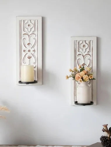 Apliques de Velas Rústicos Decoración de Pared Juego de 2 - Walasis Portavelas de Pared de Madera para Granja Blanco Boho Aplique de Vela Arte